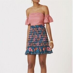 Farm Rio Blue and Pink Chic Edgy Feminine Bohemian Whimsica Floral Skirt Size XL